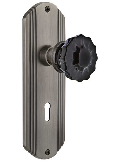 Streamline Deco Mortise Lock Set with Colored Fluted Crystal Glass Knobs Black in Antique Pewter.